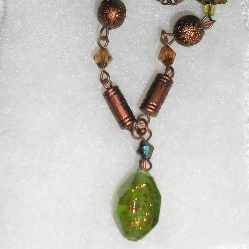 Chartreuse Green Antique Copper-Colored Beaded Necklace NWT